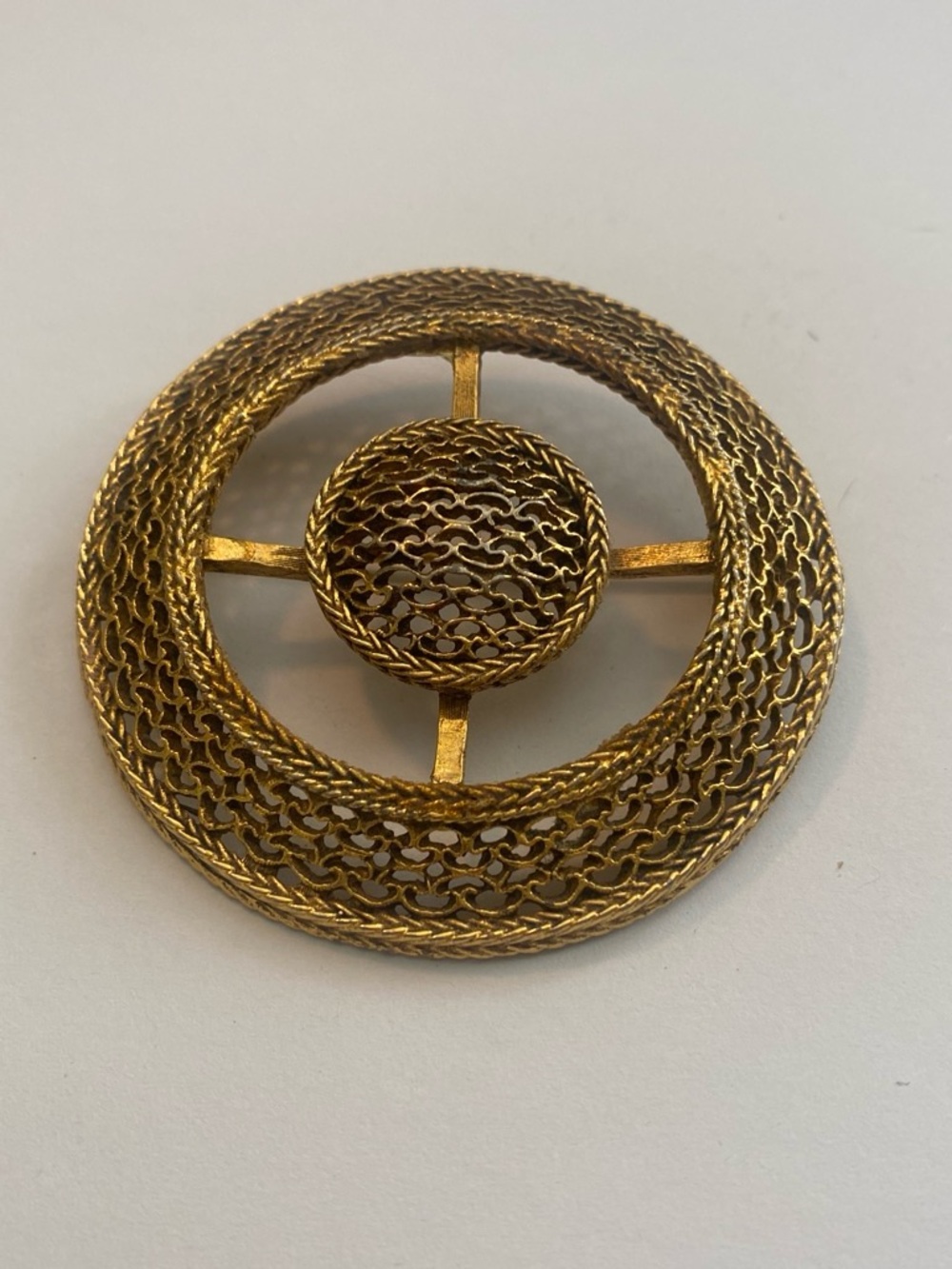 Large Gold-Tone Filigree Round Brooch - Women's Accessory